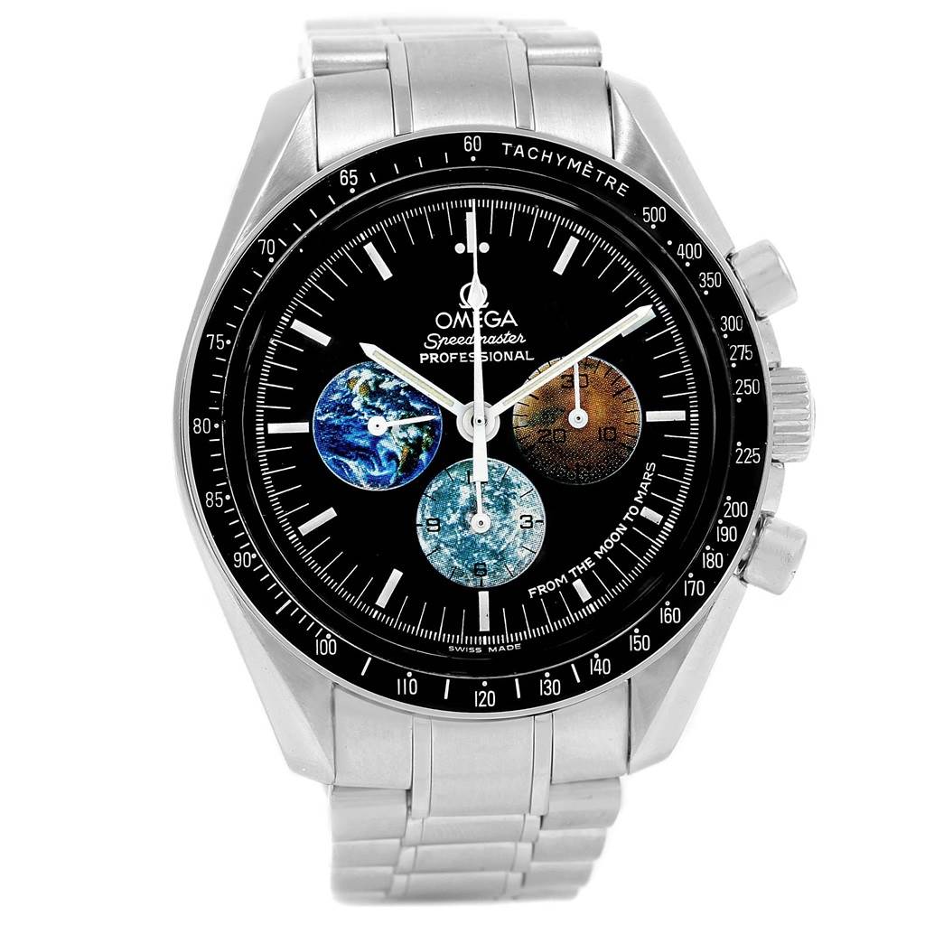 The image shows a front view of an Omega Speedmaster 3577.50.00 Men's Stainless Steel Black Dial 3577.50.00 Men's Stainless Steel Black Dial Professional watch with a stainless steel bracelet and a unique dial design.