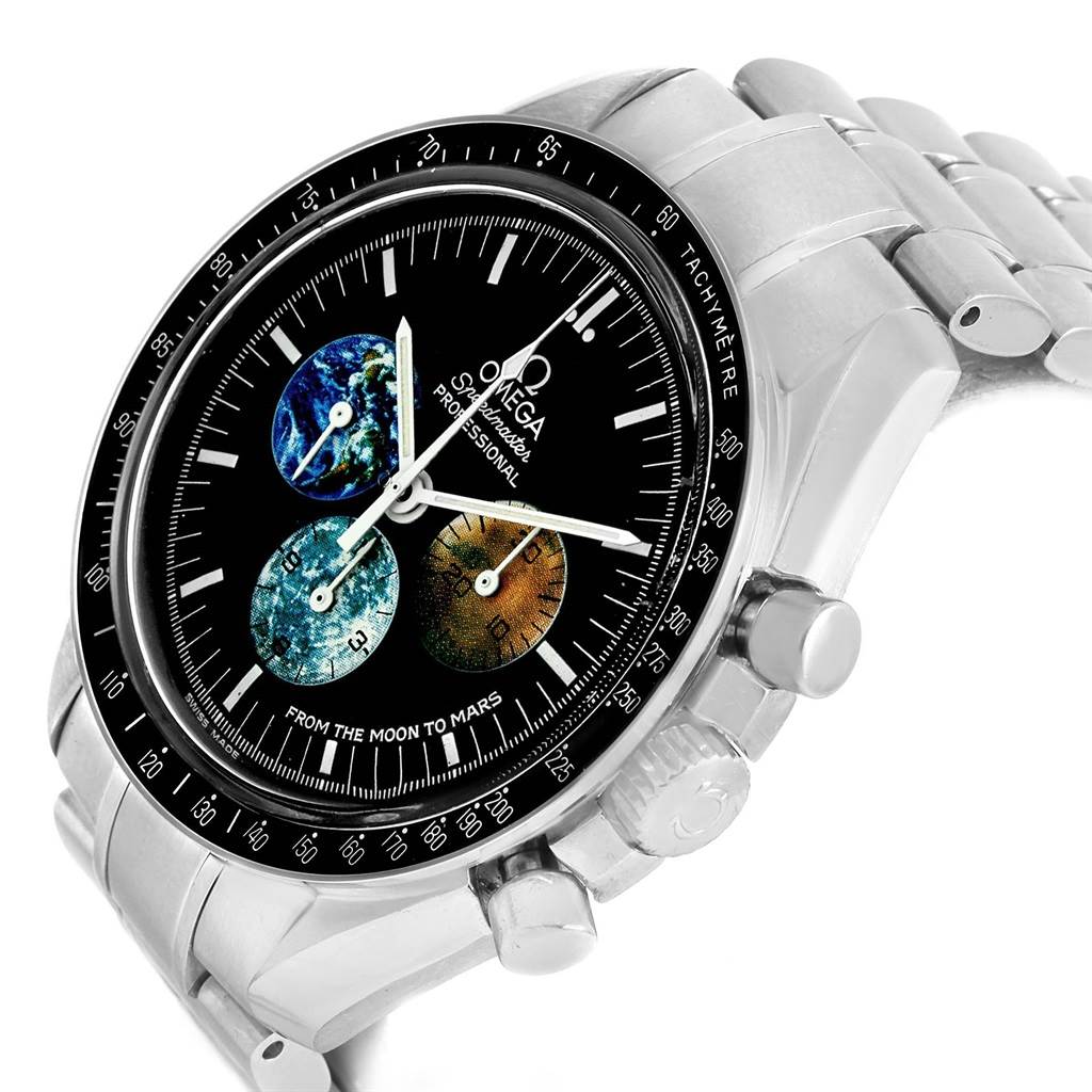 This image shows a close-up angled view of the Omega Speedmaster 3577.50.00 Men's Stainless Steel Black Dial 3577.50.00 Men's Stainless Steel Black Dial watch, highlighting its face, dials, bezel, and metal bracelet.