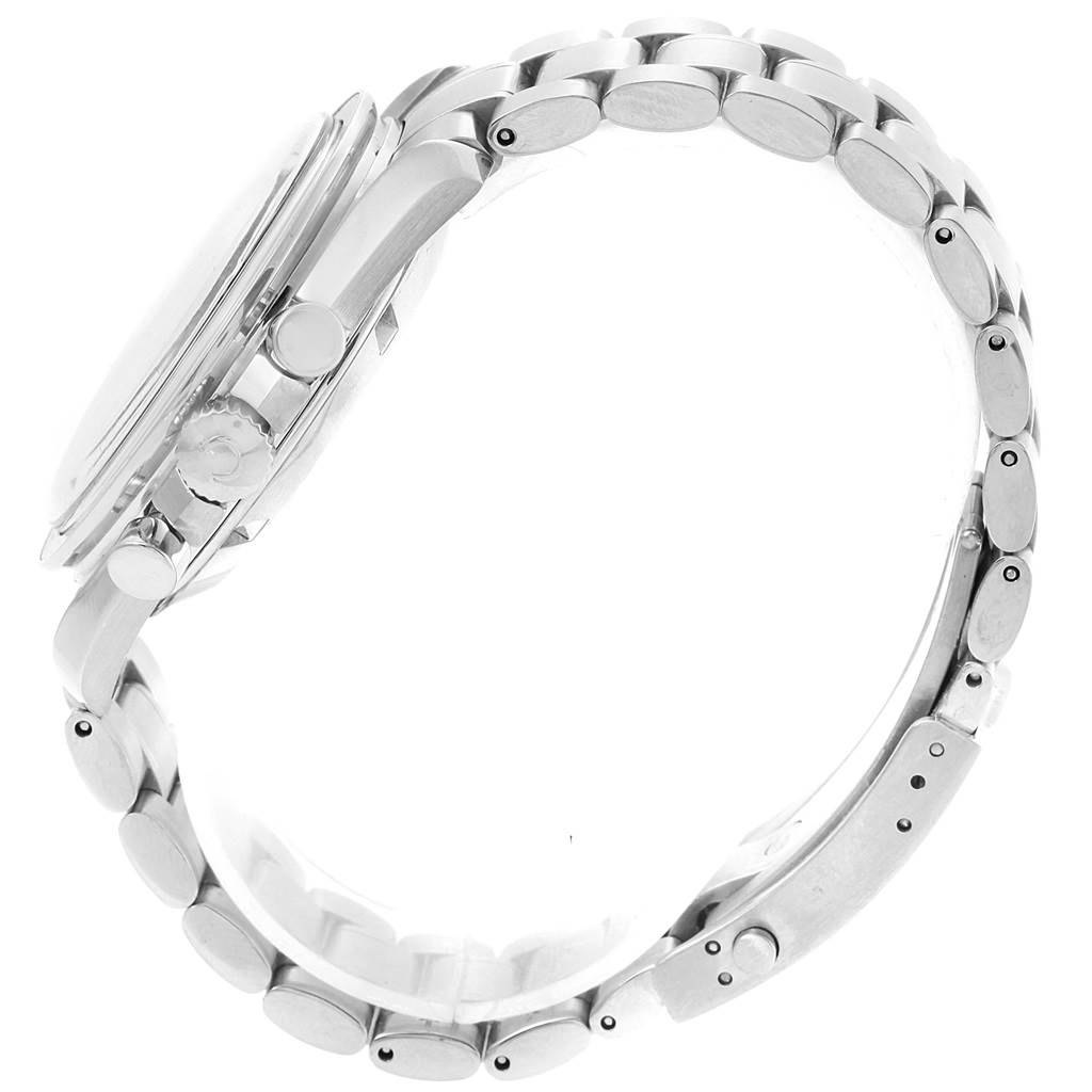 The image shows the side profile of the Omega Speedmaster 3577.50.00 Men's Stainless Steel Black Dial 3577.50.00 Men's Stainless Steel Black Dial watch, focusing on its stainless steel bracelet and case with crown and pushers.