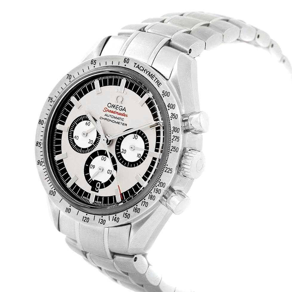 This is an angled view of the Omega Speedmaster 3506.31.00 Men's Stainless Steel Silver Dial 3506.31.00 Men's Stainless Steel Silver Dial watch, showing the face, bezel, pushers, and bracelet.