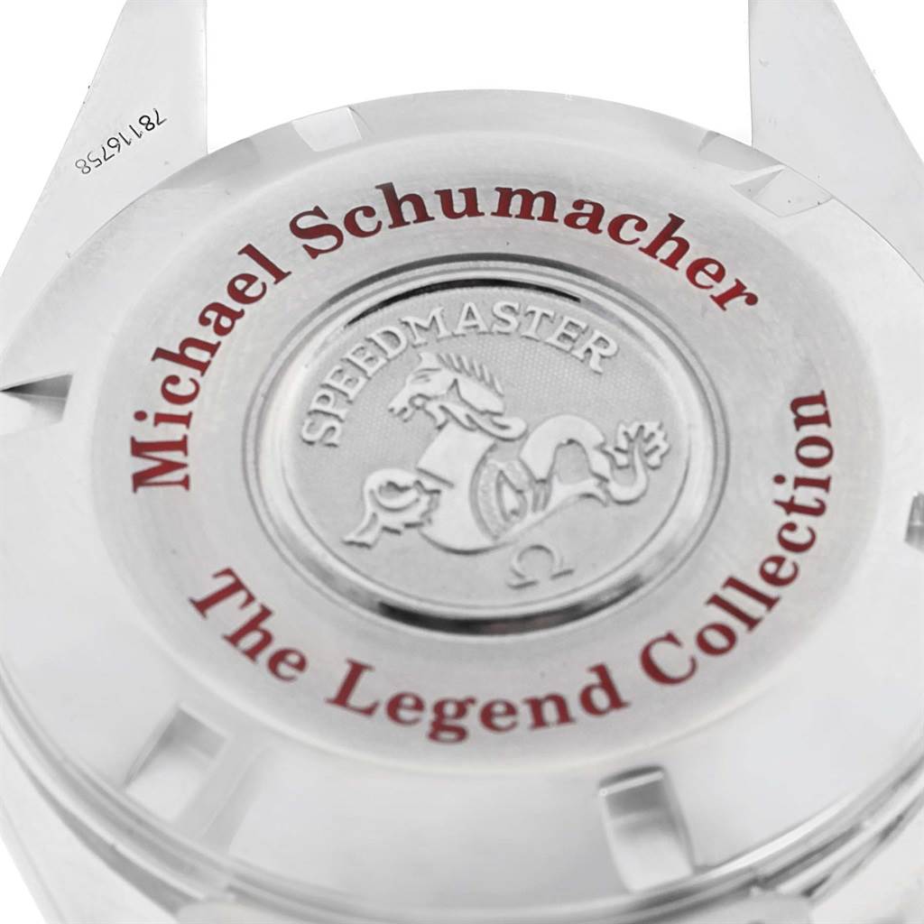 The image shows the case back of an Omega Speedmaster 3506.31.00 Men's Stainless Steel Silver Dial 3506.31.00 Men's Stainless Steel Silver Dial watch, featuring the "Michael Schumacher The Legend Collection" inscription.
