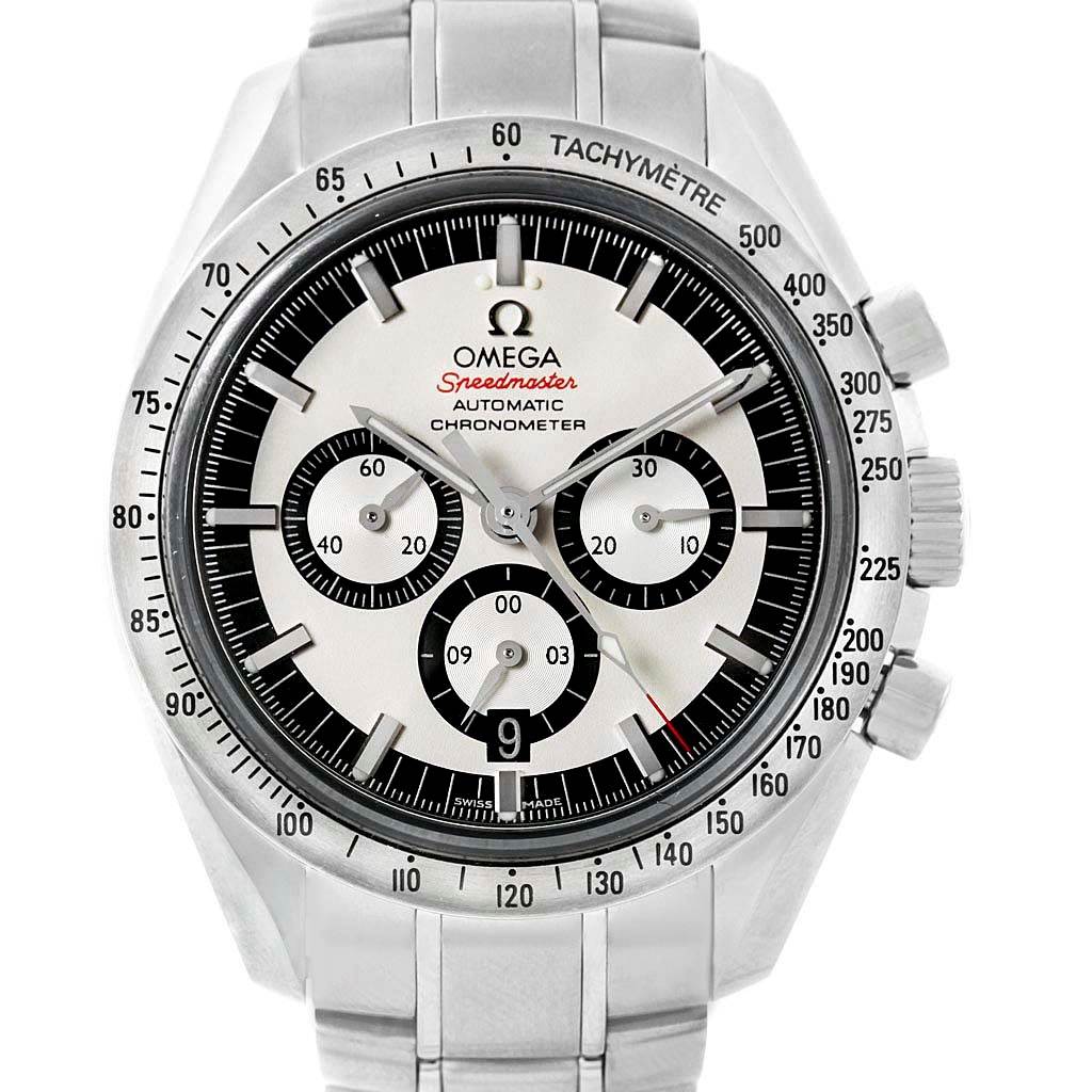 This is a front view of the Omega Speedmaster 3506.31.00 Men's Stainless Steel Silver Dial 3506.31.00 Men's Stainless Steel Silver Dial watch, showing the dial, subdials, tachymeter bezel, and stainless steel bracelet.