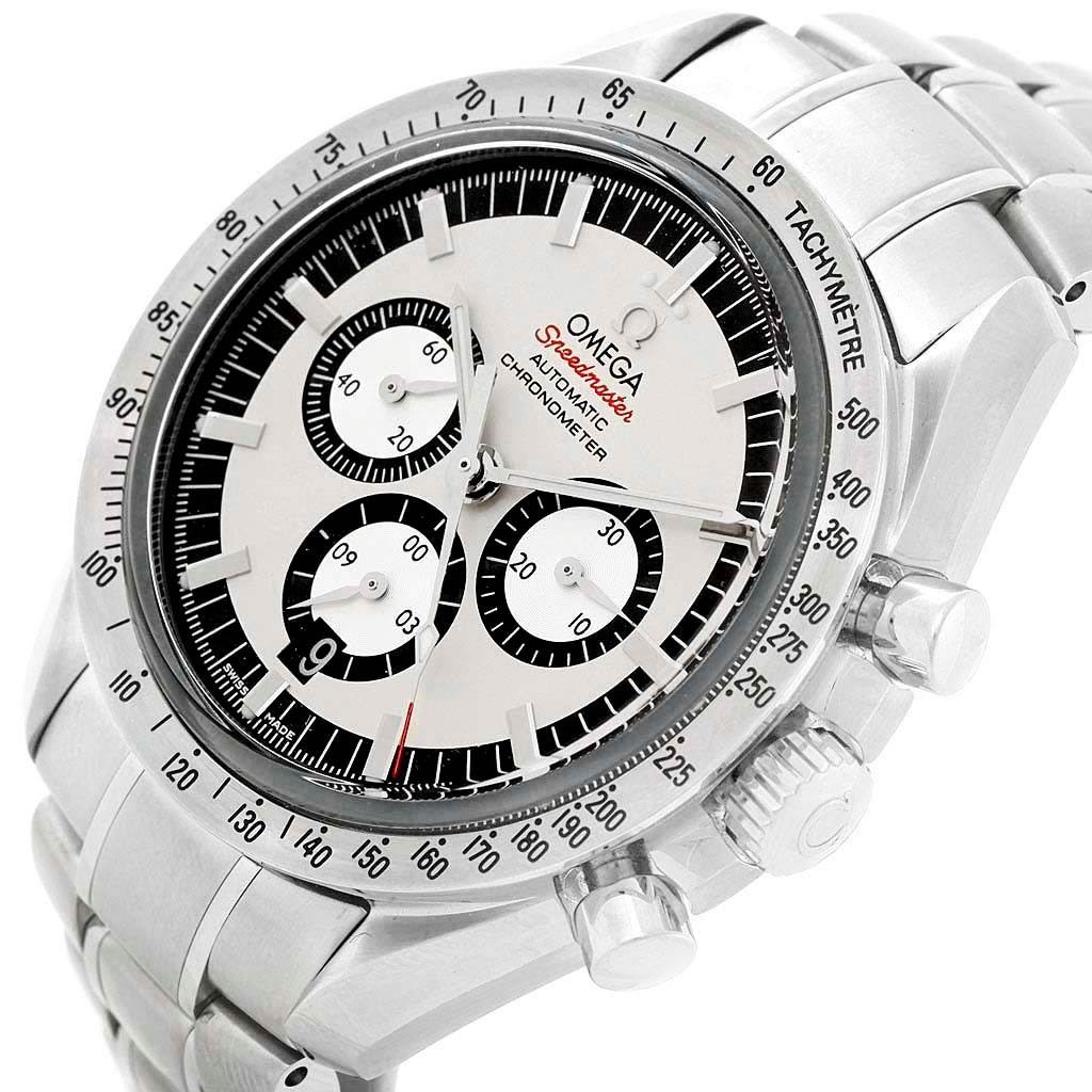 The image shows an Omega Speedmaster 3506.31.00 Men's Stainless Steel Silver Dial 3506.31.00 Men's Stainless Steel Silver Dial watch at an angled close-up, highlighting its dial, sub-dials, and stainless steel bracelet.