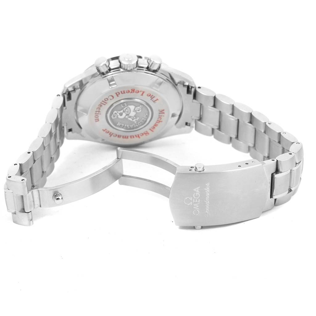 The image shows the back case and partially open clasp of an Omega Speedmaster 3506.31.00 Men's Stainless Steel Silver Dial 3506.31.00 Men's Stainless Steel Silver Dial watch from a rear angle.