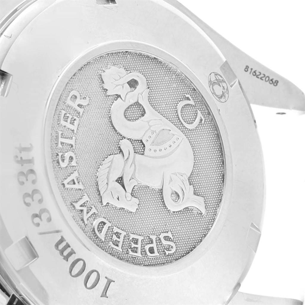 This image shows the case back of the Omega Speedmaster 3220.50.00 Men
s Stainless Steel Black Dial 3220.50.00 Men
s Stainless Steel Black Dial watch, featuring the engraved logo and water resistance rating.