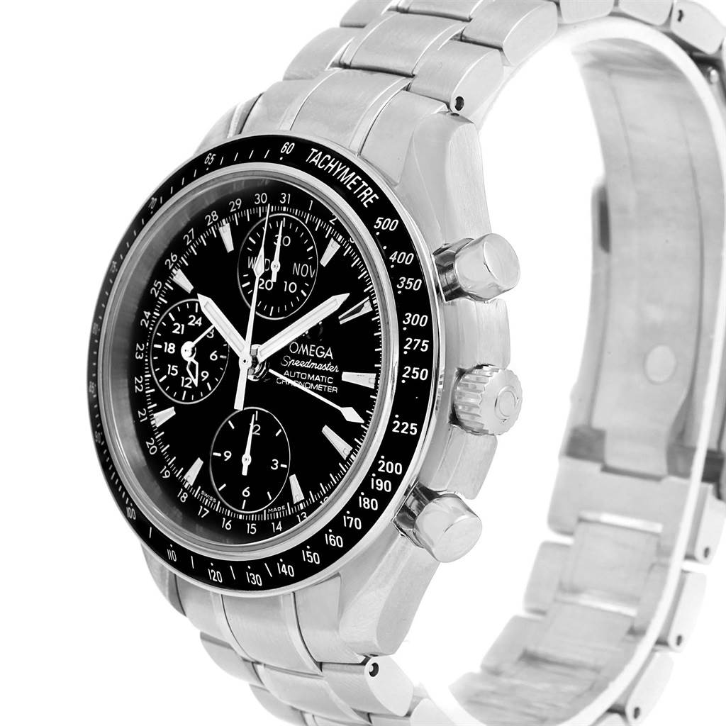 This Omega Speedmaster 3220.50.00 Men
s Stainless Steel Black Dial 3220.50.00 Men
s Stainless Steel Black Dial watch is shown at a three-quarter angle, highlighting the face, bezel, crown, pushers, and bracelet.
