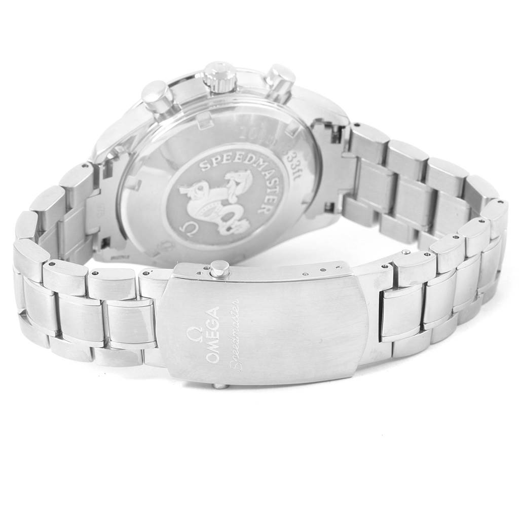 This image shows the case back and stainless steel bracelet of an Omega Speedmaster 3220.50.00 Men
s Stainless Steel Black Dial 3220.50.00 Men
s Stainless Steel Black Dial watch from a rear angle.