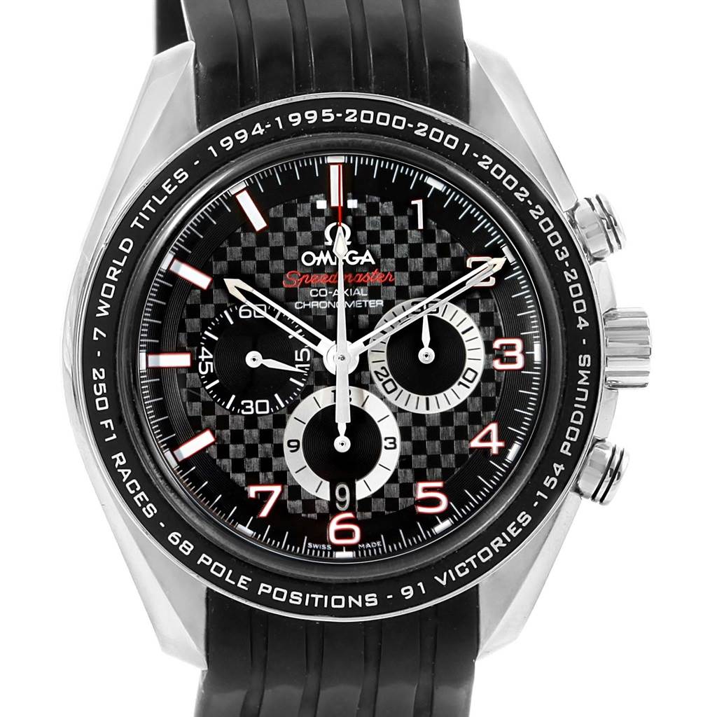 The image shows a front view of an Omega Speedmaster 321.32.44.50.01.001 Men
s Stainless Steel Black Dial 321.32.44.50.01.001 Men
s Stainless Steel Black Dial watch, highlighting its dial, bezel, and strap.