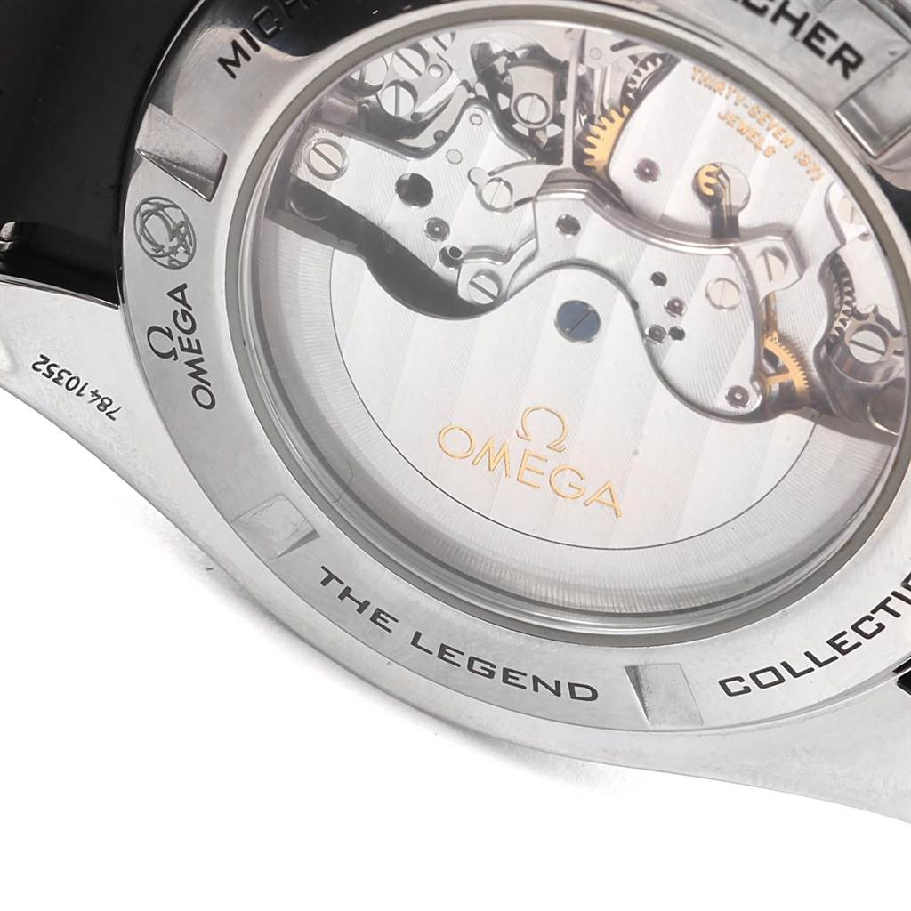 The image shows the back of an Omega Speedmaster 321.32.44.50.01.001 Men
s Stainless Steel Black Dial 321.32.44.50.01.001 Men
s Stainless Steel Black Dial watch, revealing its internal mechanism through a transparent case back.