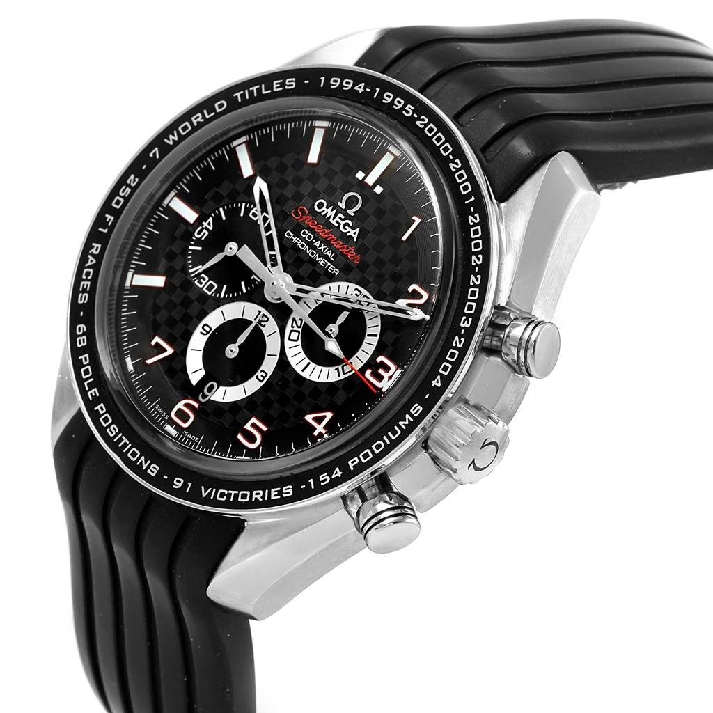 The Omega Speedmaster 321.32.44.50.01.001 Men
s Stainless Steel Black Dial 321.32.44.50.01.001 Men
s Stainless Steel Black Dial watch is shown from a front-right angle, highlighting the face, bezel, pushers, and part of the black rubber strap.