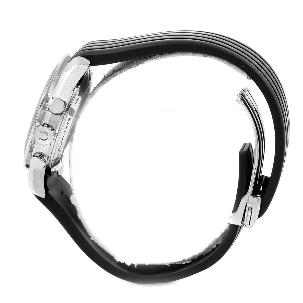 The image shows a side view of an Omega Speedmaster 321.32.44.50.01.001 Men
s Stainless Steel Black Dial 321.32.44.50.01.001 Men
s Stainless Steel Black Dial watch, highlighting its case, crown, pushers, and strap.