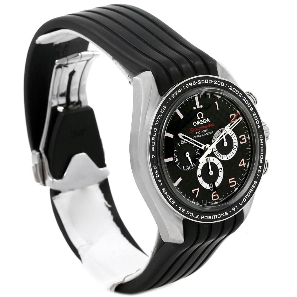 The image shows an Omega Speedmaster 321.32.44.50.01.001 Men
s Stainless Steel Black Dial 321.32.44.50.01.001 Men
s Stainless Steel Black Dial watch angled from the side with a focus on the face, band, and clasp.