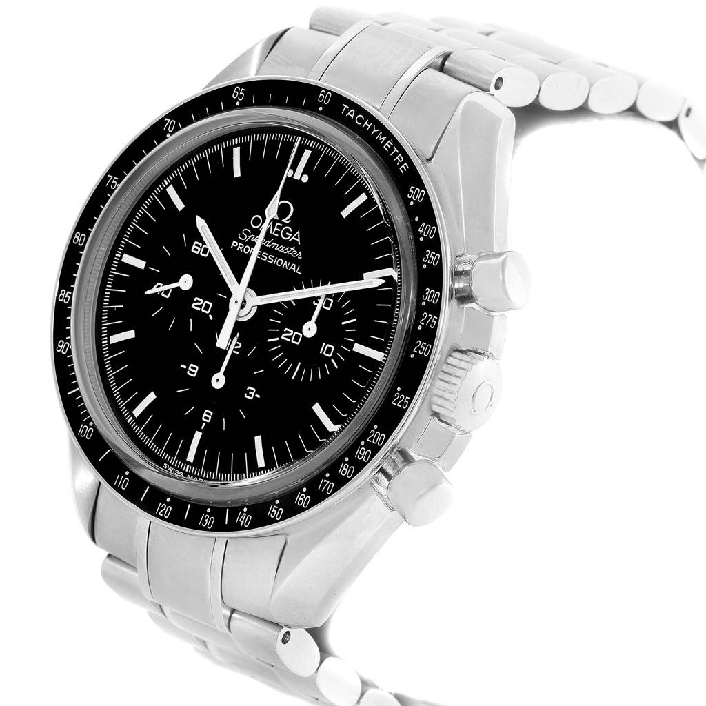 The image shows an Omega Speedmaster 3573.50.00 Men
s Stainless Steel Black Dial 3573.50.00 Men
s Stainless Steel Black Dial watch at a three-quarter angle, highlighting the dial, bezel, crown, pushers, and stainless steel bracelet.