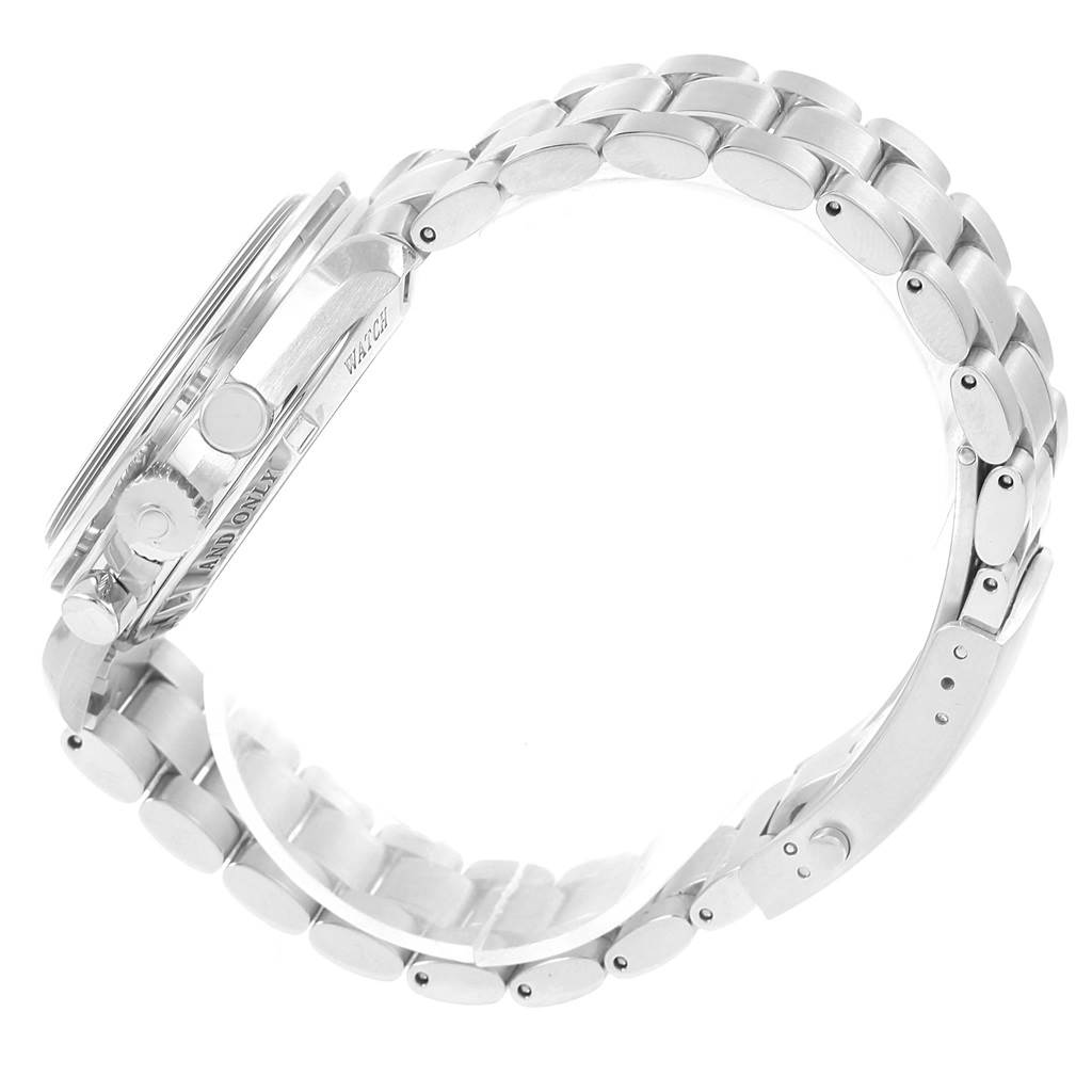 This image shows a side-angle view of an Omega Speedmaster 3573.50.00 Men
s Stainless Steel Black Dial 3573.50.00 Men
s Stainless Steel Black Dial watch, focusing on the case, crown, and metal bracelet.