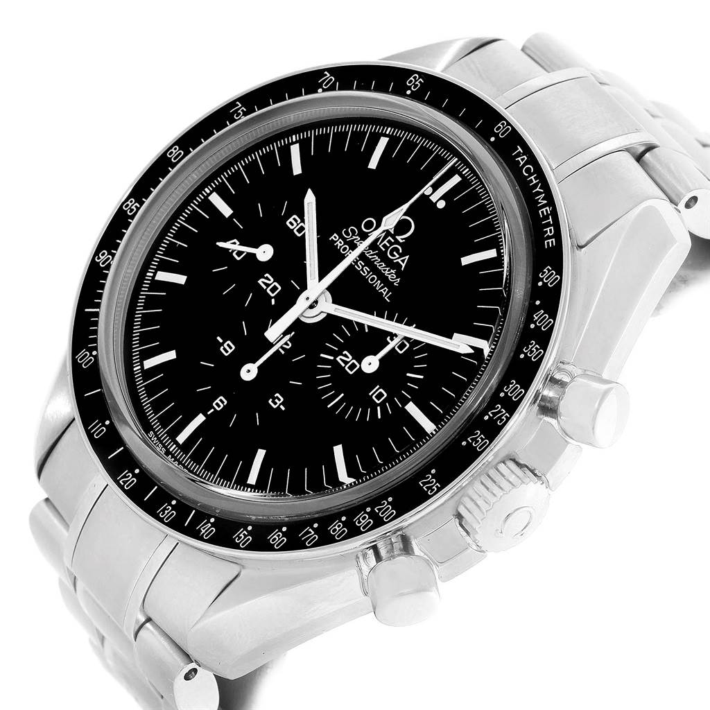 The image shows an Omega Speedmaster 3573.50.00 Men
s Stainless Steel Black Dial 3573.50.00 Men
s Stainless Steel Black Dial watch from a front-side angle, highlighting its chronograph dial and stainless steel bracelet.