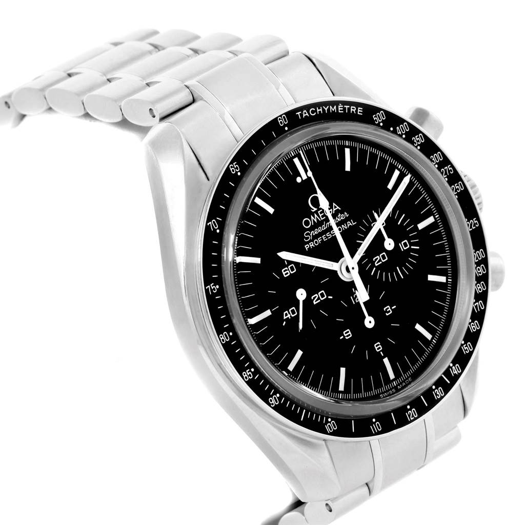This Omega Speedmaster 3573.50.00 Men
s Stainless Steel Black Dial 3573.50.00 Men
s Stainless Steel Black Dial watch is shown at a slight angle highlighting its black dial, bezel, and stainless steel bracelet.