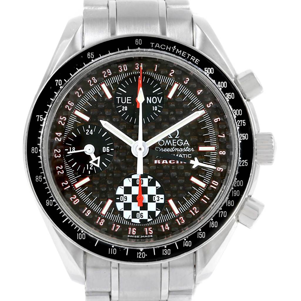 This image shows a front view of the Omega Speedmaster 3529.50.00 Men
s Stainless Steel Black Dial 3529.50.00 Men
s Stainless Steel Black Dial Racing watch, highlighting its dial, hands, and tachymetre bezel.