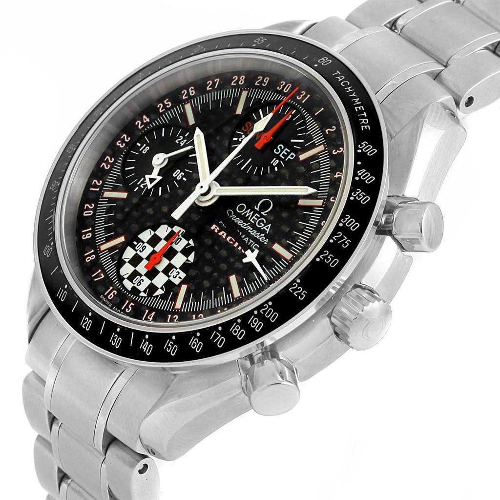 The image shows an Omega Speedmaster 3529.50.00 Men
s Stainless Steel Black Dial 3529.50.00 Men
s Stainless Steel Black Dial watch at a three-quarter angle, highlighting the dial, bezel, pushers, and bracelet.