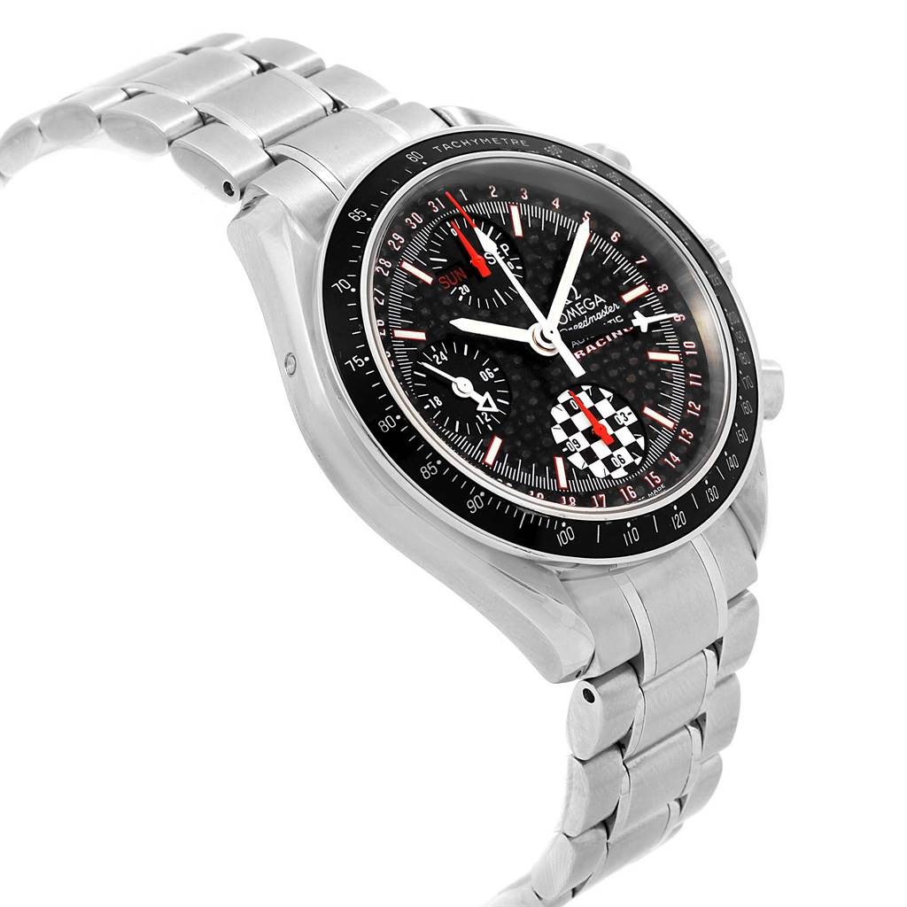 This image shows a side and front angle of the Omega Speedmaster 3529.50.00 Men
s Stainless Steel Black Dial 3529.50.00 Men
s Stainless Steel Black Dial watch, featuring its dial, bezel, and stainless steel bracelet.