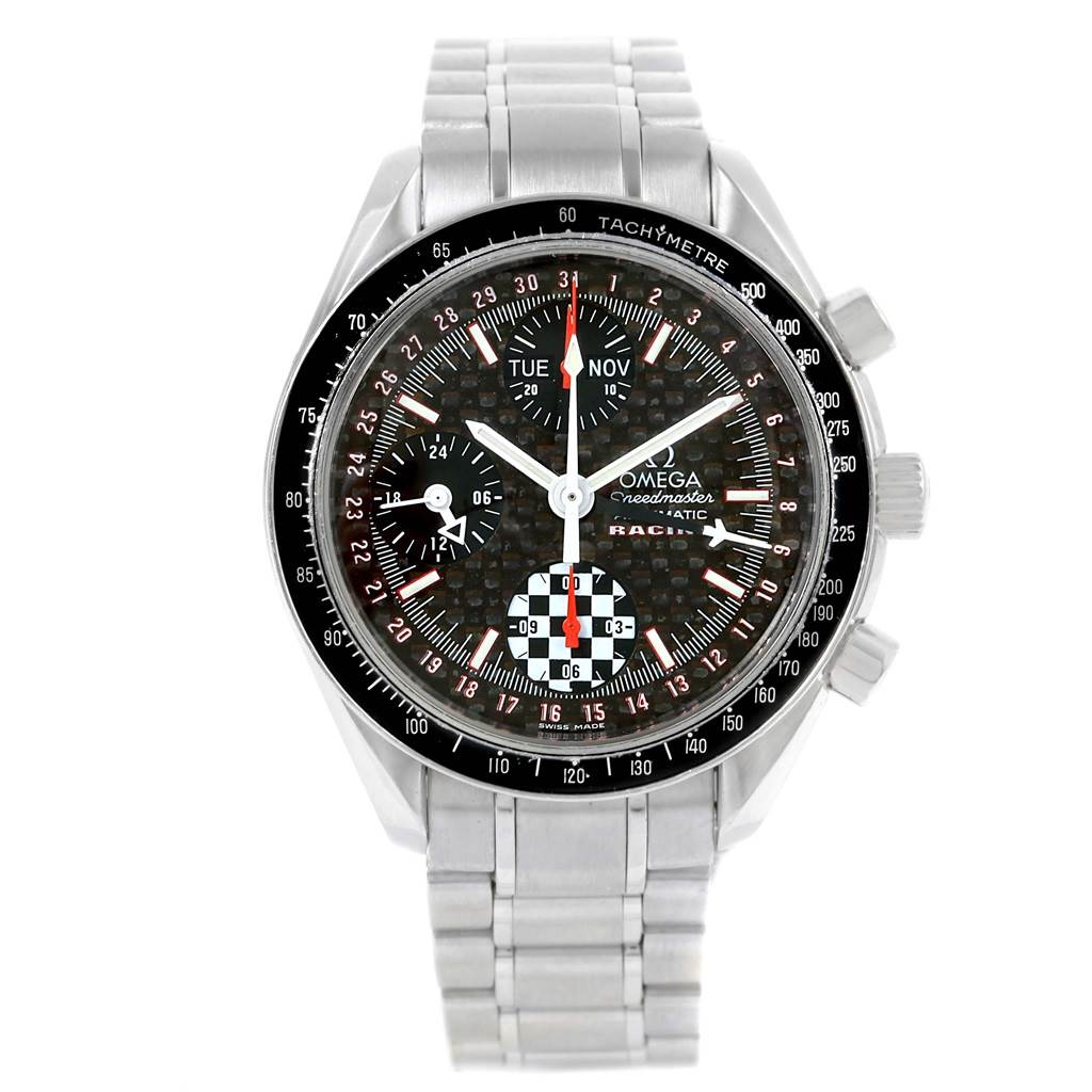The image shows a front view of an Omega Speedmaster 3529.50.00 Men
s Stainless Steel Black Dial 3529.50.00 Men
s Stainless Steel Black Dial watch, displaying its dial, bezel, and steel bracelet.