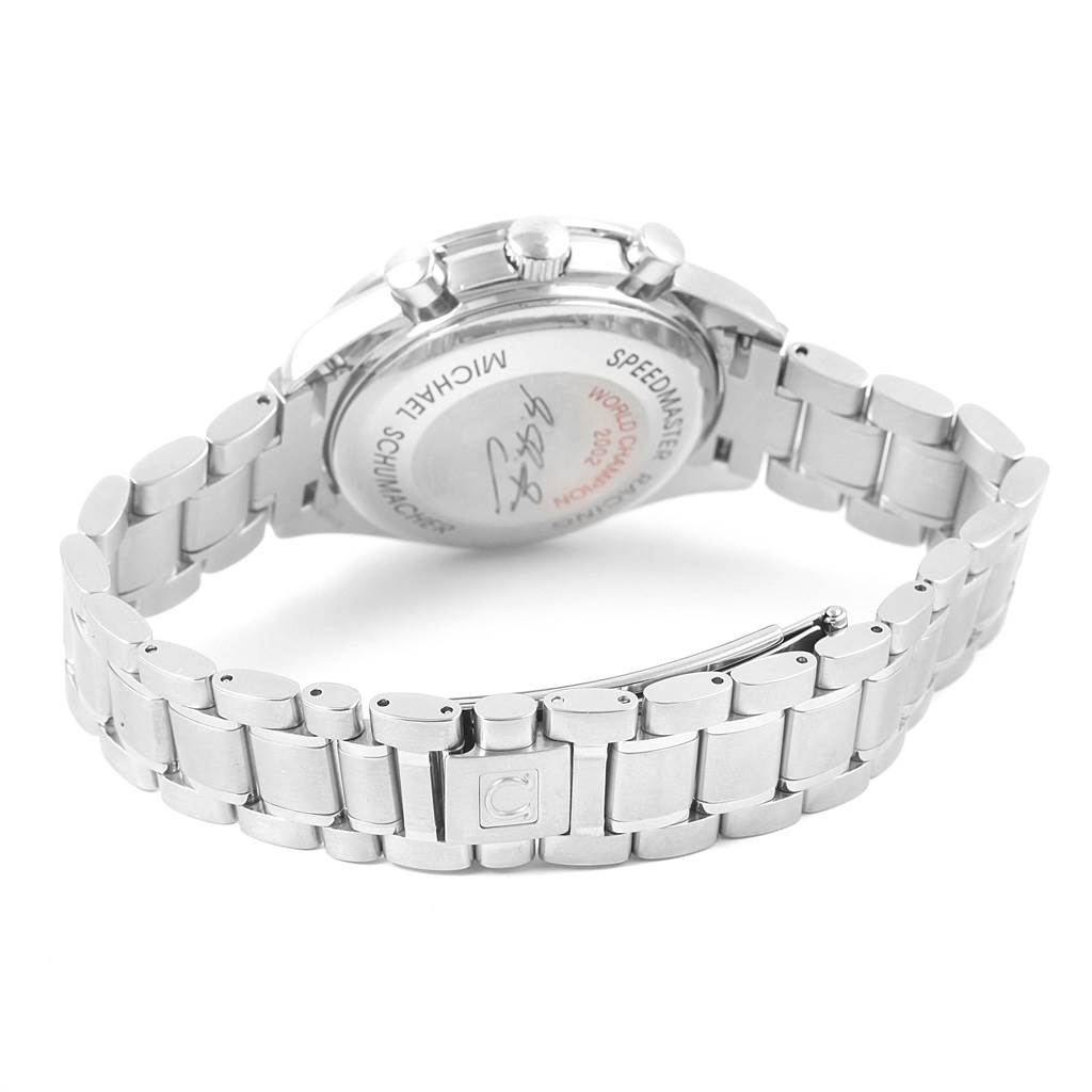 The image shows the back view of an Omega Speedmaster 3529.50.00 Men
s Stainless Steel Black Dial 3529.50.00 Men
s Stainless Steel Black Dial watch, highlighting the case back and metal bracelet.