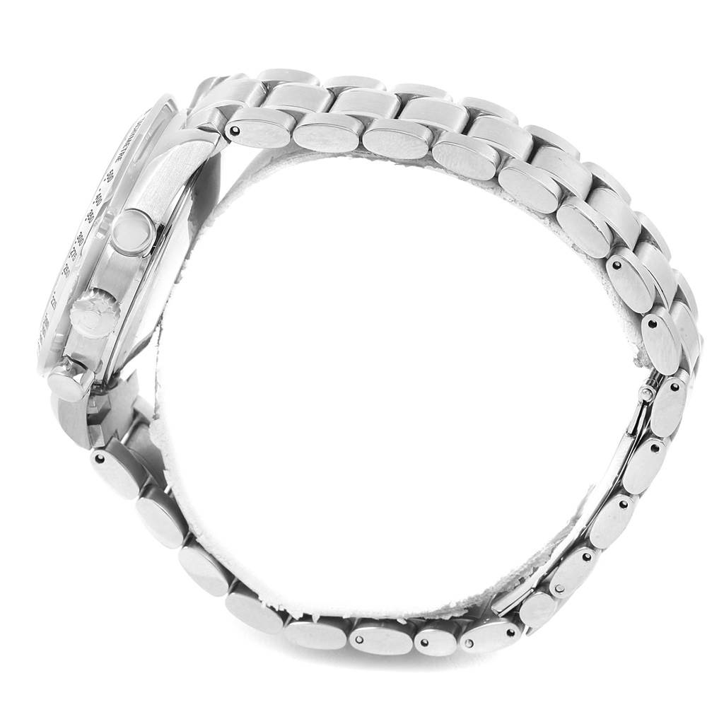 The Omega Speedmaster 3523.51.00 Men
s Stainless Steel Black Dial 3523.51.00 Men
s Stainless Steel Black Dial watch is shown from a side profile angle, highlighting its metal bracelet and crown.