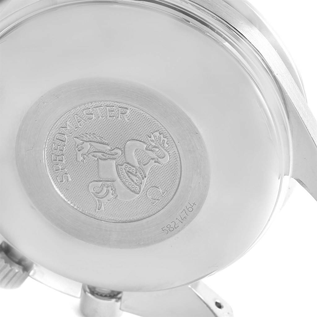 The image shows the case back of an Omega Speedmaster 3523.51.00 Men
s Stainless Steel Black Dial 3523.51.00 Men
s Stainless Steel Black Dial watch, including the engraved logo and serial number.