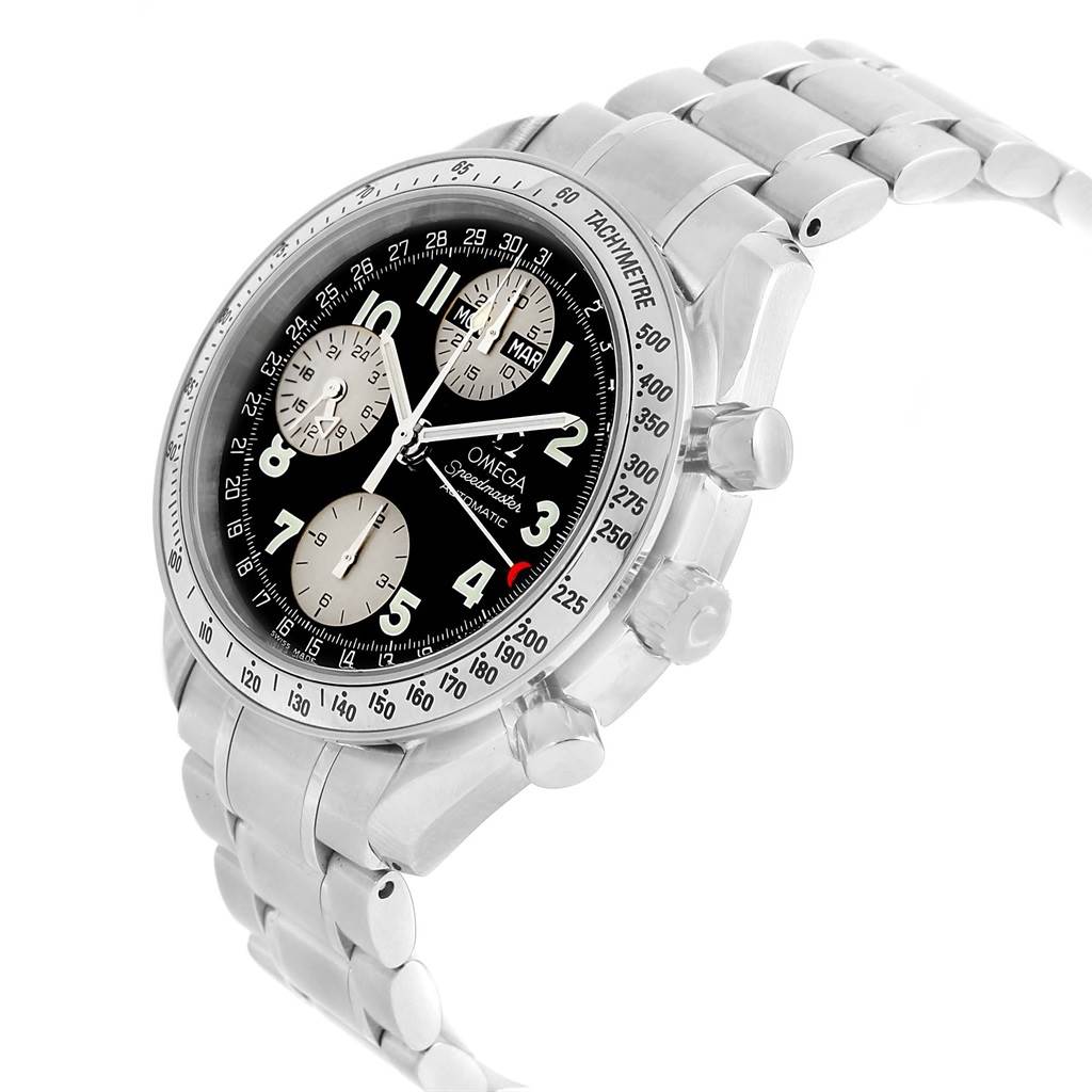 The Omega Speedmaster 3523.51.00 Men
s Stainless Steel Black Dial 3523.51.00 Men
s Stainless Steel Black Dial watch is shown at a three-quarter angle, highlighting its dial, tachymeter bezel, and metal bracelet.