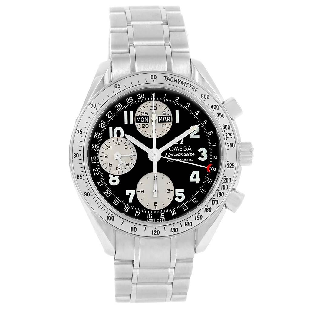 The Omega Speedmaster 3523.51.00 Men
s Stainless Steel Black Dial 3523.51.00 Men
s Stainless Steel Black Dial watch is shown from a front angle, displaying the dial, subdials, bezel, and metal bracelet.