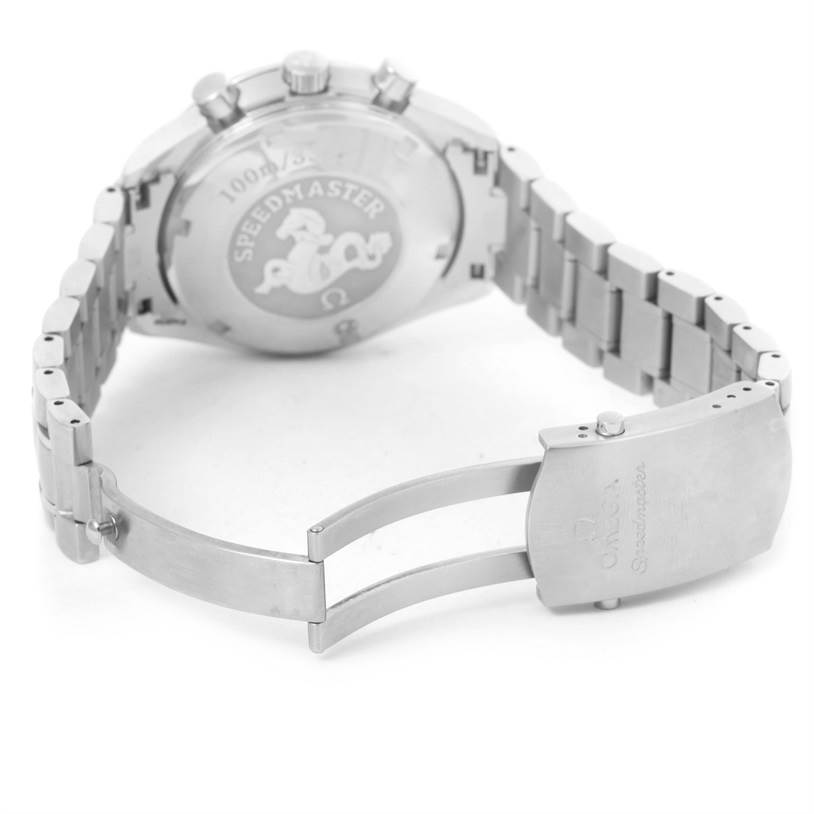 The image shows the backside and bracelet of an Omega Speedmaster 3222.80.00 Men
s Stainless Steel Blue Dial 3222.80.00 Men
s Stainless Steel Blue Dial watch, including the clasp and case back.