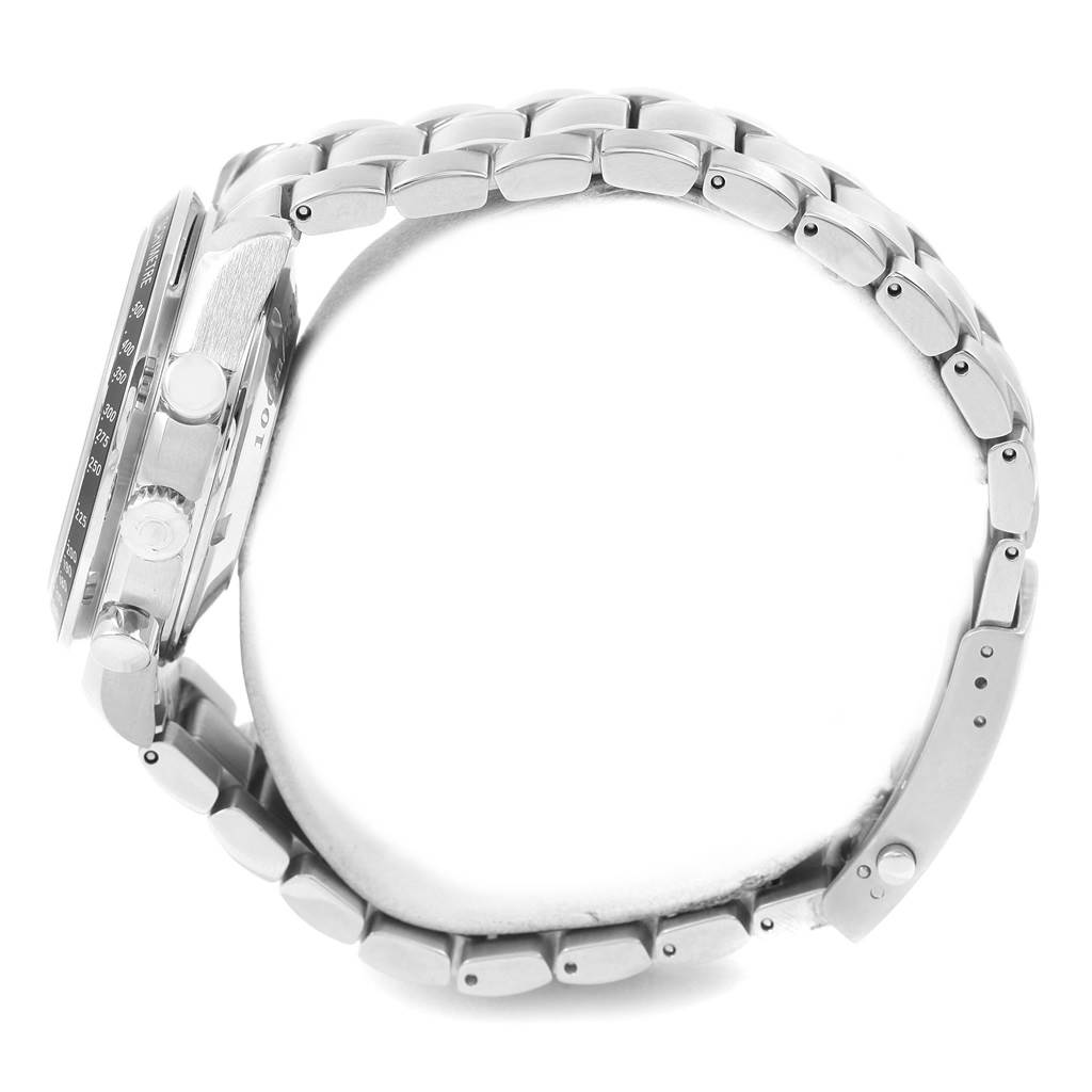 The image shows a side view of an Omega Speedmaster 323.30.40.40.04.001 Men
s Stainless Steel White Dial 323.30.40.40.04.001 Men
s Stainless Steel White Dial watch, highlighting its stainless steel bracelet and case with visible pushers.