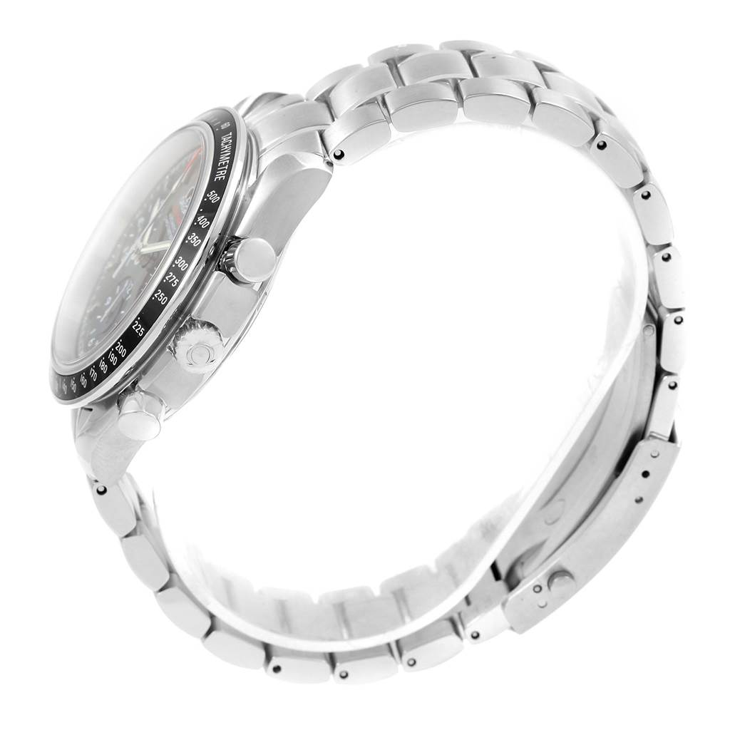 This image shows a side view of the Omega Speedmaster 323.30.40.40.06.001 Men
s Stainless Steel Grey Dial 323.30.40.40.06.001 Men
s Stainless Steel Grey Dial watch, highlighting the case and bracelet.