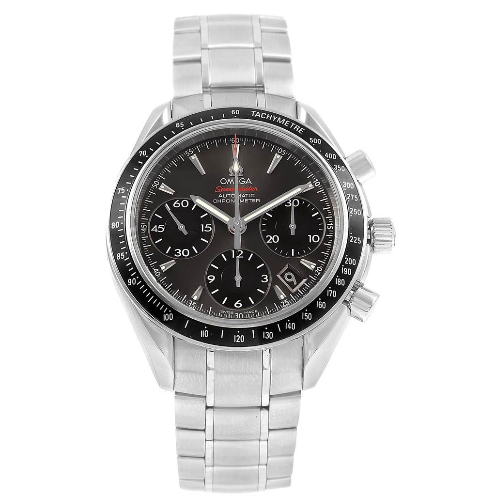 The image displays a front view of an Omega Speedmaster 323.30.40.40.06.001 Men
s Stainless Steel Grey Dial 323.30.40.40.06.001 Men
s Stainless Steel Grey Dial watch, showcasing its dial, chronograph sub-dials, and bracelet.