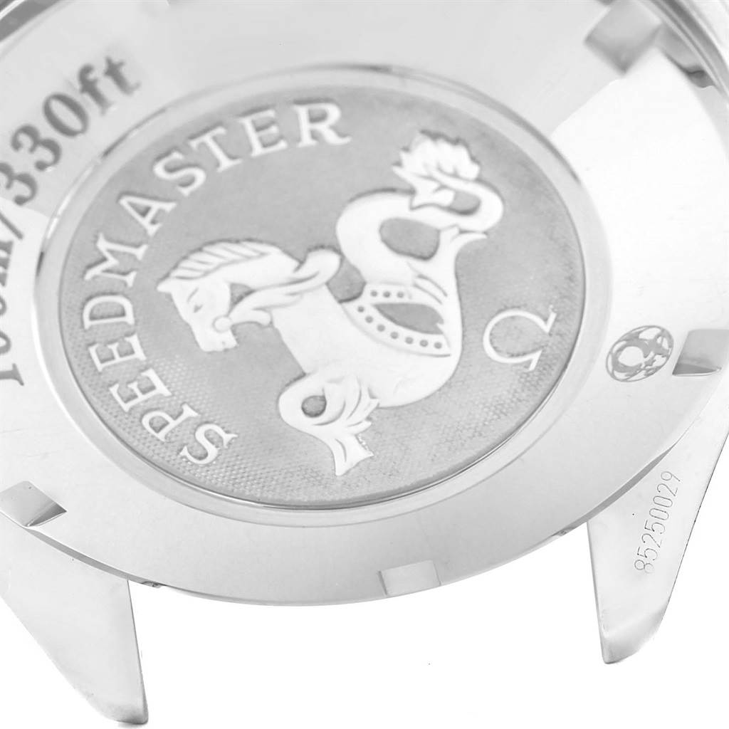 The image shows the case back of an Omega Speedmaster 323.30.40.40.06.001 Men
s Stainless Steel Grey Dial 323.30.40.40.06.001 Men
s Stainless Steel Grey Dial watch, highlighting the engraved logo and text.