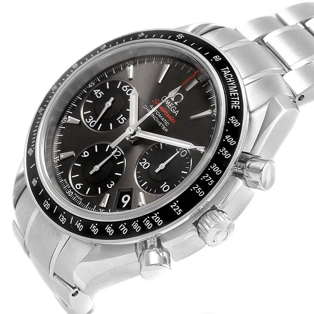 This is a close-up angled view of the Omega Speedmaster 323.30.40.40.06.001 Men
s Stainless Steel Grey Dial 323.30.40.40.06.001 Men
s Stainless Steel Grey Dial, highlighting the dial, subdials, bezel, and part of the bracelet.