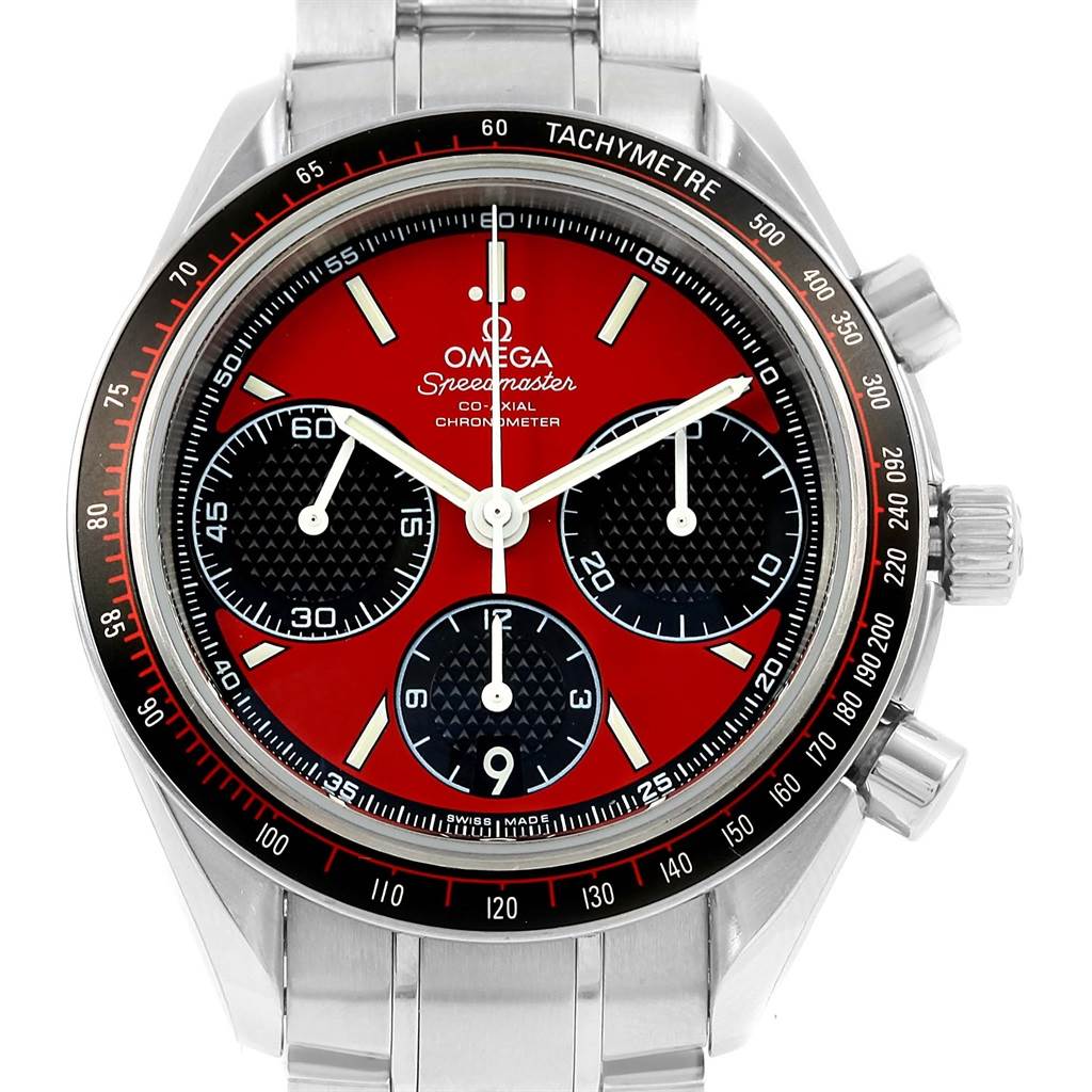 This image shows a front view of the Omega Speedmaster 326.30.40.50.11.001 Men
s Stainless Steel Red Dial 326.30.40.50.11.001 Men
s Stainless Steel Red Dial watch, displaying its dial, tachymeter bezel, and chronograph subdials.