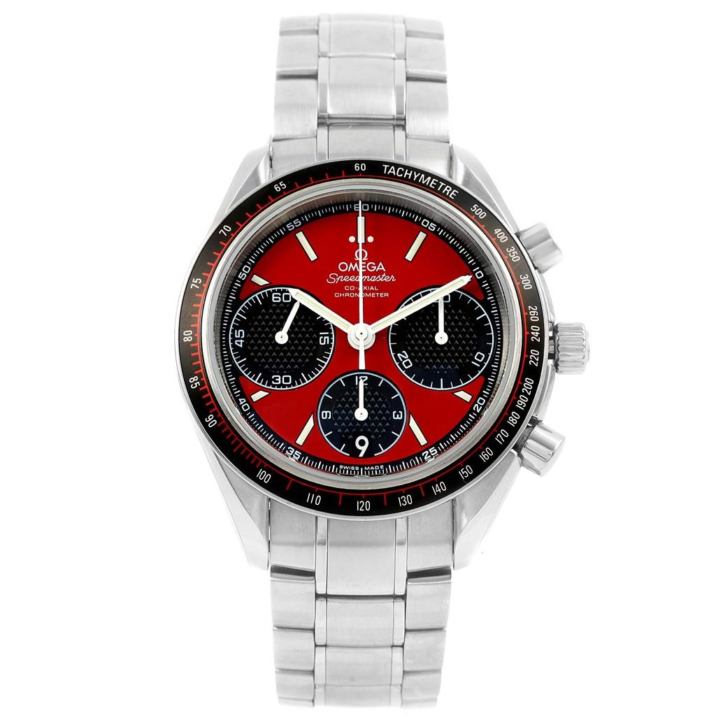 The image shows a front view of an Omega Speedmaster 326.30.40.50.11.001 Men
s Stainless Steel Red Dial 326.30.40.50.11.001 Men
s Stainless Steel Red Dial watch, highlighting its red dial, three subdials, and stainless steel bracelet.