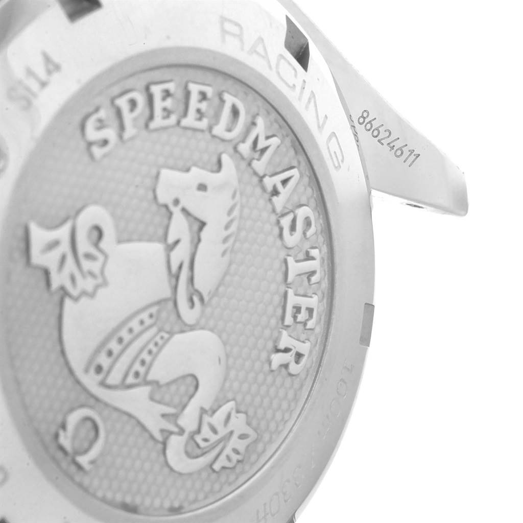 This image shows the case back of an Omega Speedmaster 326.30.40.50.11.001 Men
s Stainless Steel Red Dial 326.30.40.50.11.001 Men
s Stainless Steel Red Dial watch, highlighting its engraving and embossed design.