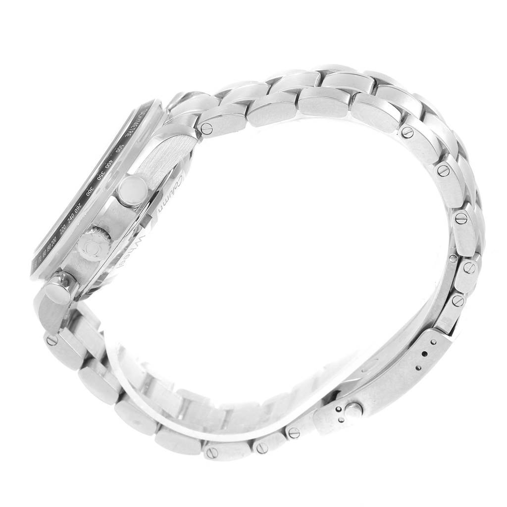 The image shows a side view of an Omega Speedmaster 326.30.40.50.11.001 Men
s Stainless Steel Red Dial 326.30.40.50.11.001 Men
s Stainless Steel Red Dial
s case and bracelet, highlighting the watch dial edge, crown, and chronograph buttons.