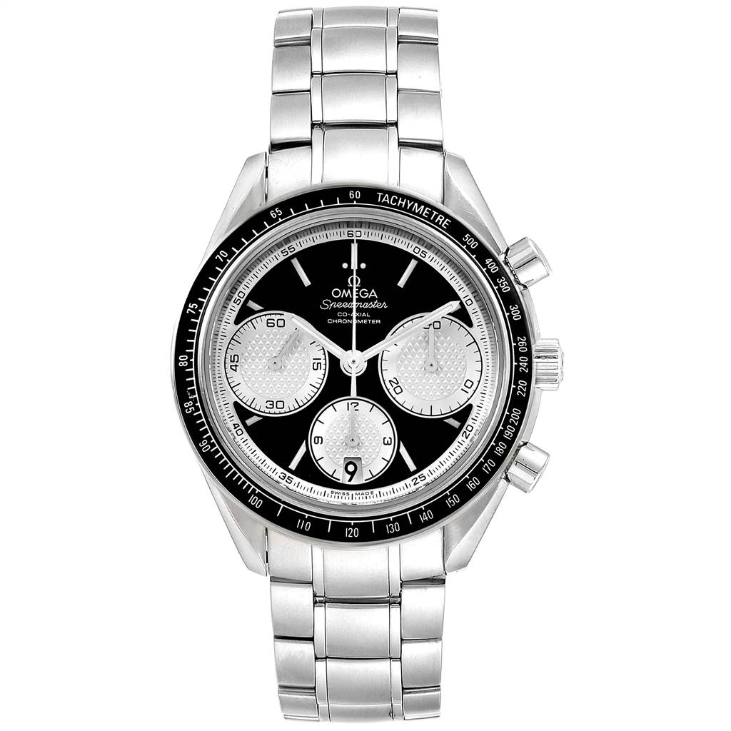 The image shows a front view of an Omega Speedmaster 326.30.40.50.01.002 Men's Stainless Steel Black Dial 326.30.40.50.01.002 Men's Stainless Steel Black Dial watch, highlighting its face, subdials, tachymeter bezel, and metal bracelet.