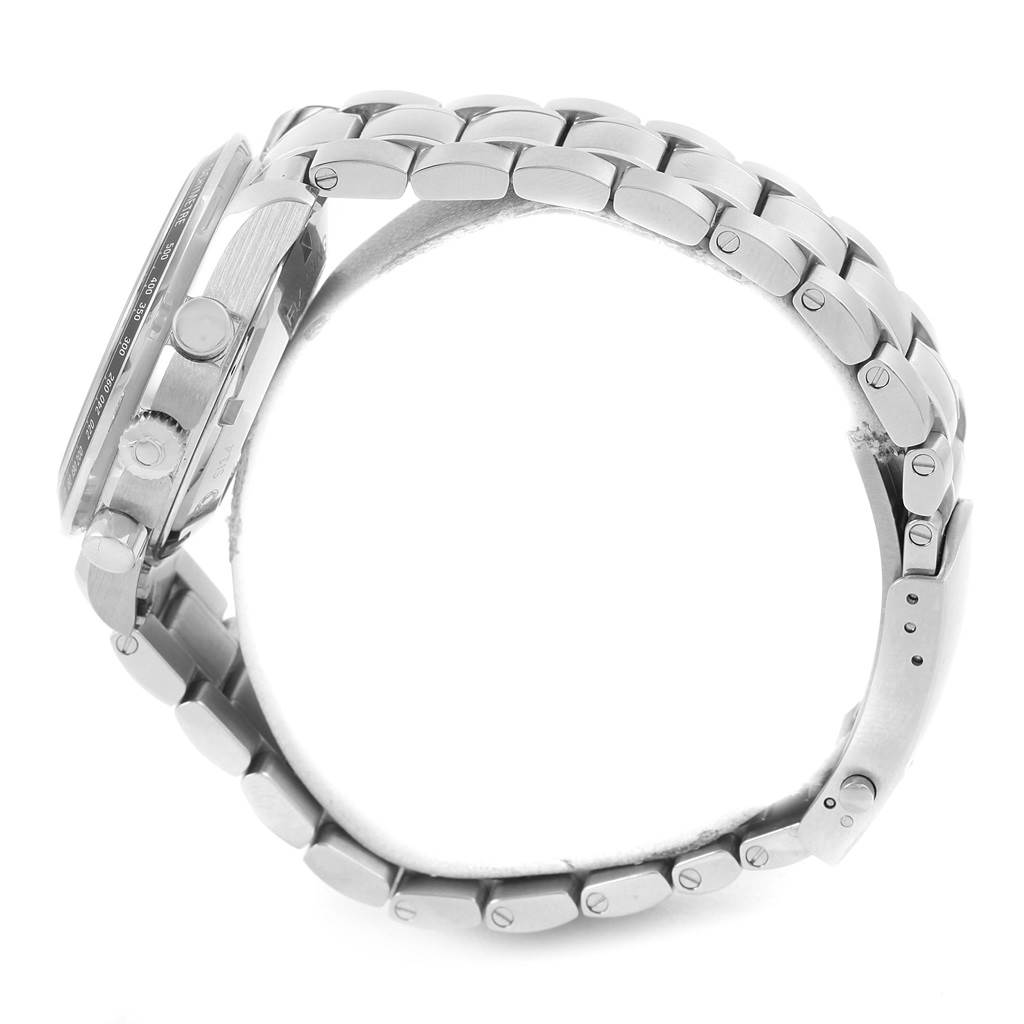 This image shows a side view of the Omega Speedmaster 326.30.40.50.04.001 Men
s Stainless Steel White Dial 326.30.40.50.04.001 Men
s Stainless Steel White Dial watch, highlighting its case, pushers, and metal bracelet.