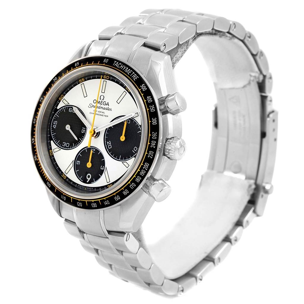 The image shows a side angle of the Omega Speedmaster 326.30.40.50.04.001 Men
s Stainless Steel White Dial 326.30.40.50.04.001 Men
s Stainless Steel White Dial watch, highlighting its face, bezel, and metal bracelet.