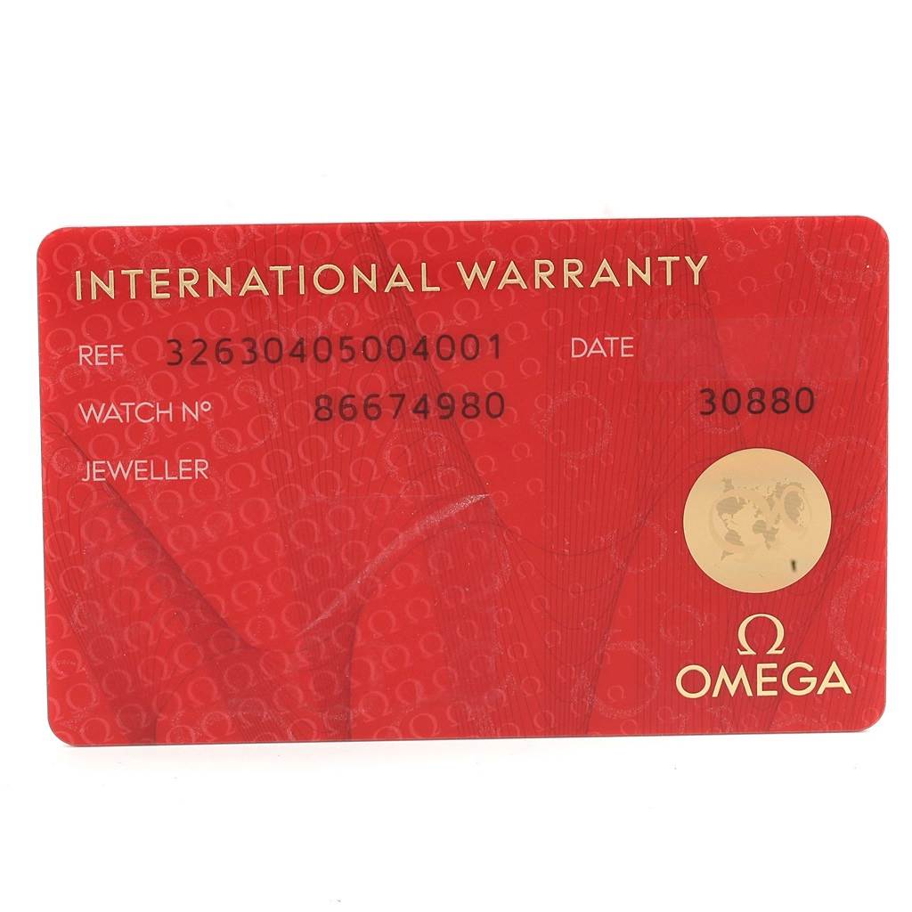 The image shows an International Warranty card for the Omega Speedmaster 326.30.40.50.04.001 Men
s Stainless Steel White Dial 326.30.40.50.04.001 Men
s Stainless Steel White Dial model, displaying reference and watch numbers.