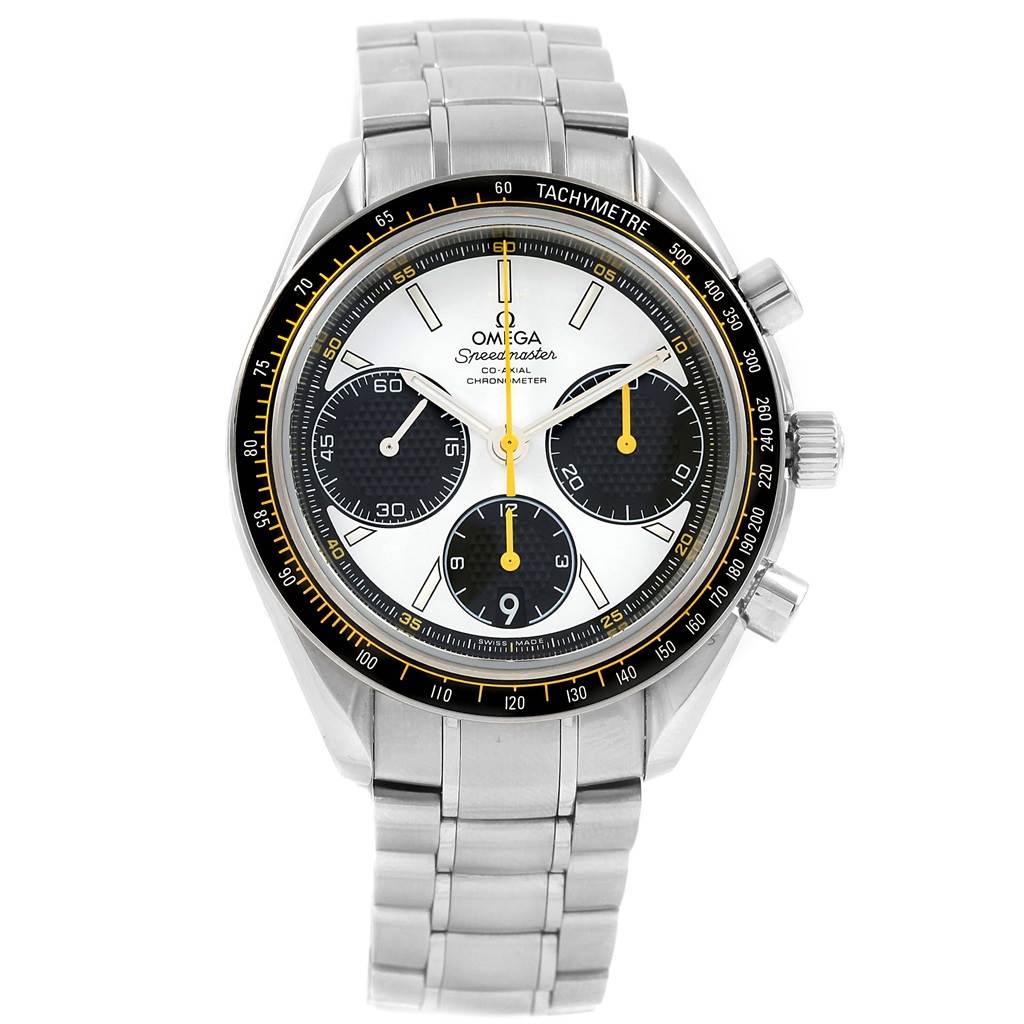 The image shows a front view of an Omega Speedmaster 326.30.40.50.04.001 Men
s Stainless Steel White Dial 326.30.40.50.04.001 Men
s Stainless Steel White Dial watch, highlighting its dial, bezel, and stainless steel bracelet.