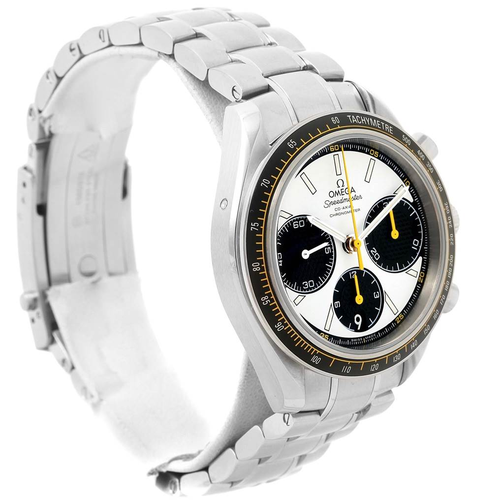 The image shows an angled side view of an Omega Speedmaster 326.30.40.50.04.001 Men
s Stainless Steel White Dial 326.30.40.50.04.001 Men
s Stainless Steel White Dial watch, highlighting the face, bezel, and metal band.