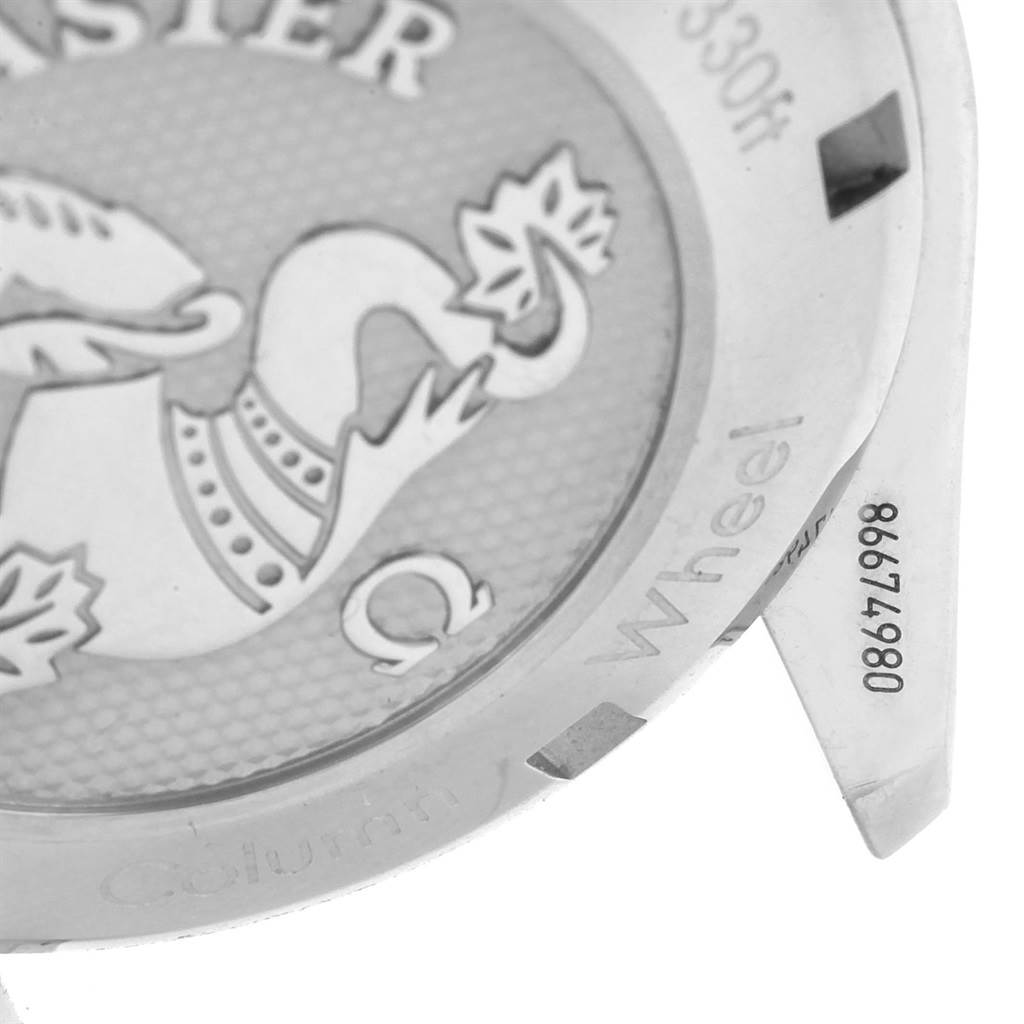 The image shows a close-up of the back of an Omega Speedmaster 326.30.40.50.04.001 Men
s Stainless Steel White Dial 326.30.40.50.04.001 Men
s Stainless Steel White Dial watch, highlighting the logo and part of the serial number.