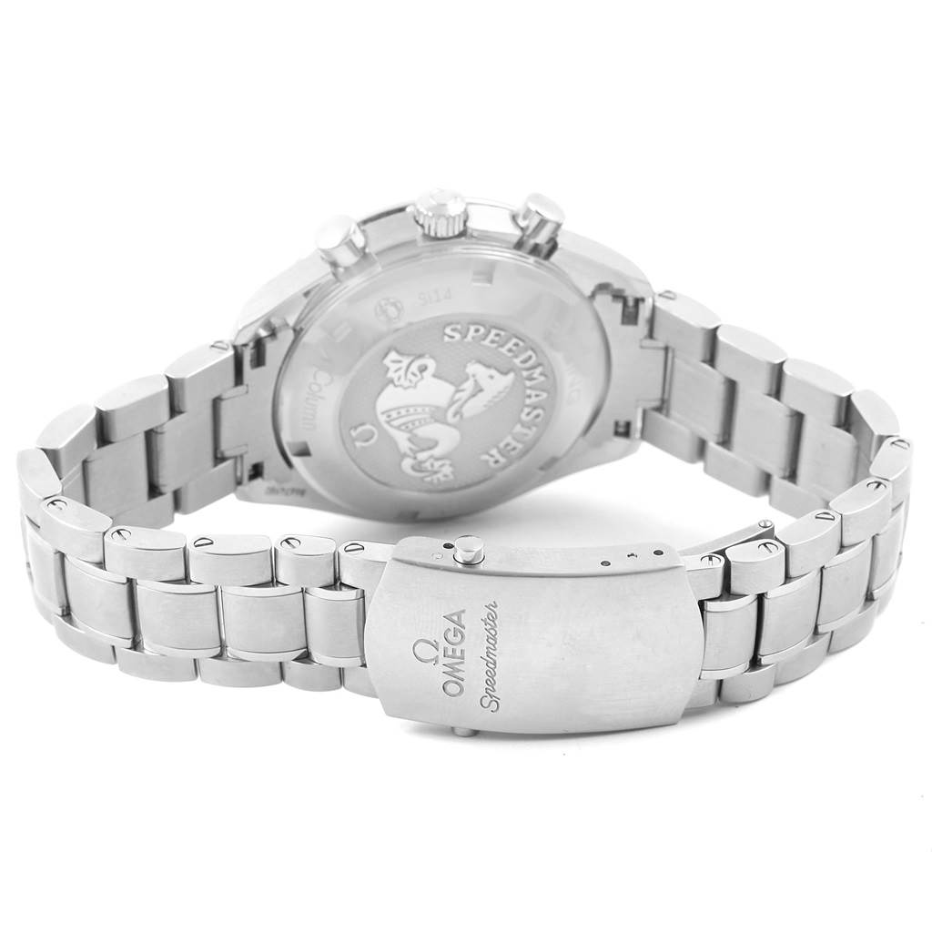 The image shows the back and clasp of an Omega Speedmaster 326.30.40.50.04.001 Men
s Stainless Steel White Dial 326.30.40.50.04.001 Men
s Stainless Steel White Dial watch, featuring its bracelet and engraved case back.