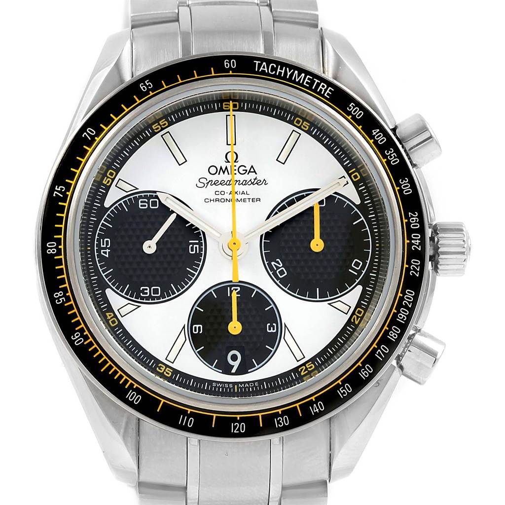 The image shows a frontal view of an Omega Speedmaster 326.30.40.50.04.001 Men
s Stainless Steel White Dial 326.30.40.50.04.001 Men
s Stainless Steel White Dial watch, highlighting the dial, tachymeter bezel, and chronograph subdials.