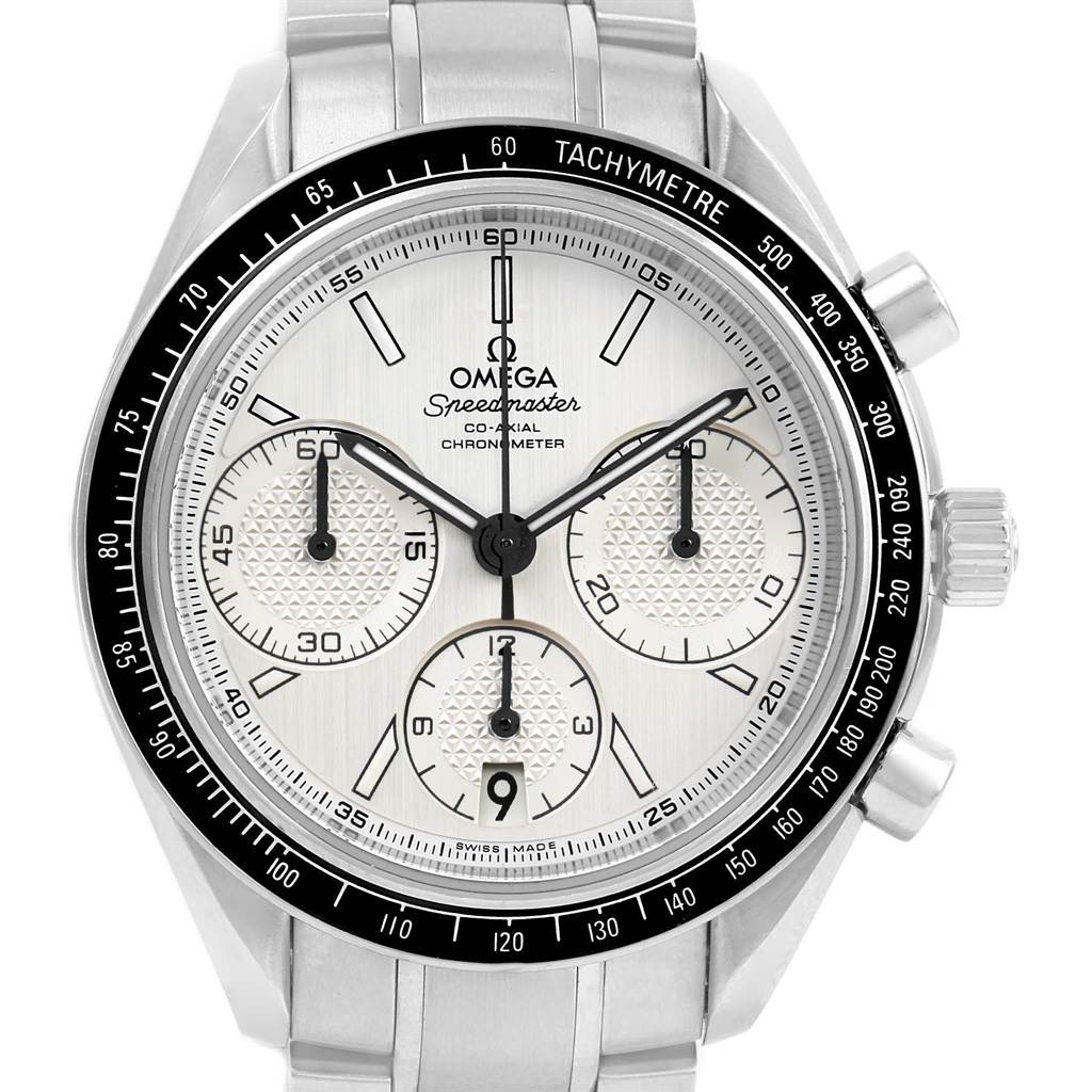 The Omega Speedmaster 326.30.40.50.02.001 Men
s Stainless Steel Silver Dial 326.30.40.50.02.001 Men
s Stainless Steel Silver Dial watch is shown from a front angle, highlighting the dial, tachymeter, and chronograph sub-dials.