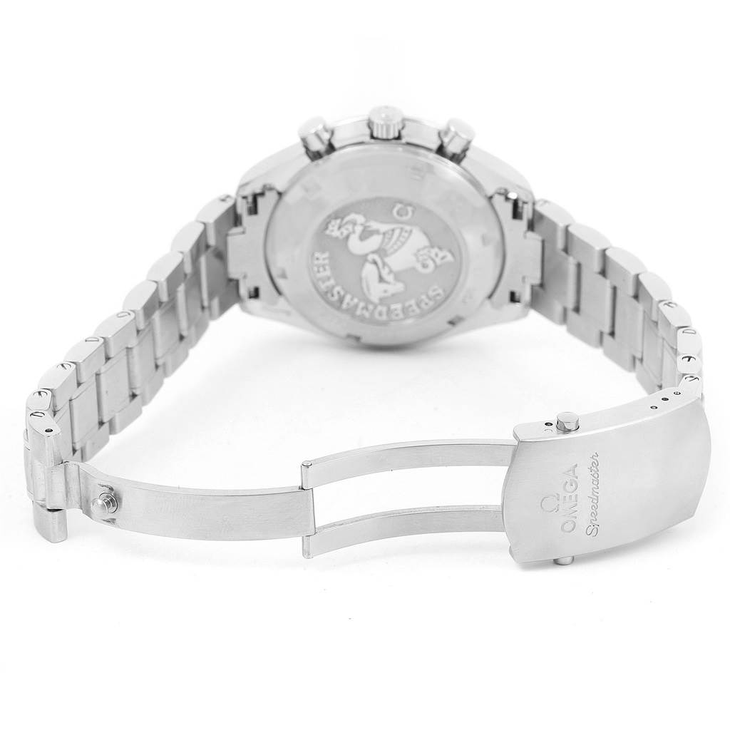 The image shows the back of an Omega Speedmaster 326.30.40.50.02.001 Men
s Stainless Steel Silver Dial 326.30.40.50.02.001 Men
s Stainless Steel Silver Dial watch and its open bracelet clasp.